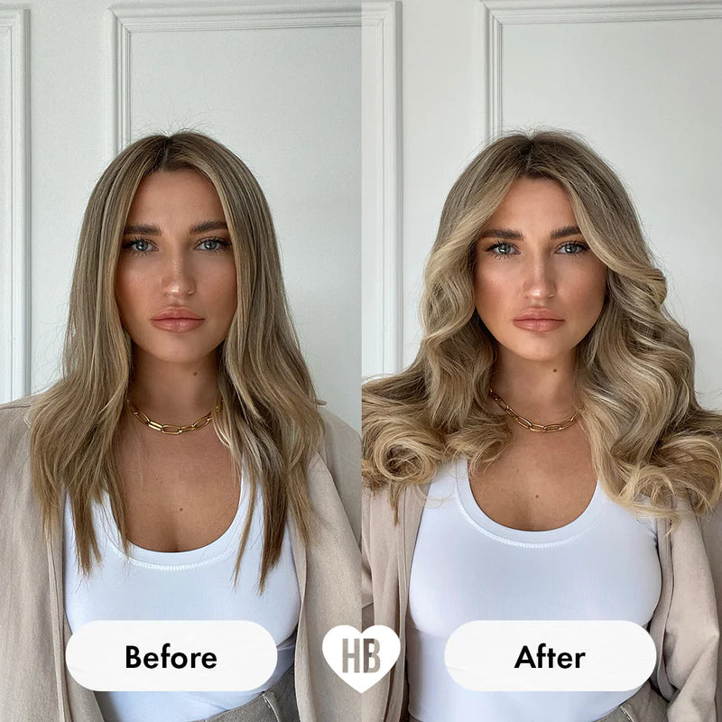 Before and after comparison of a woman with styled hair