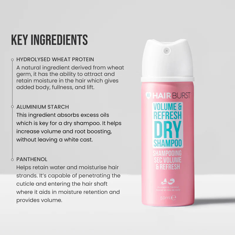 Hairburst Mini Volume & Refresh Dry Shampoo bottle with key ingredients