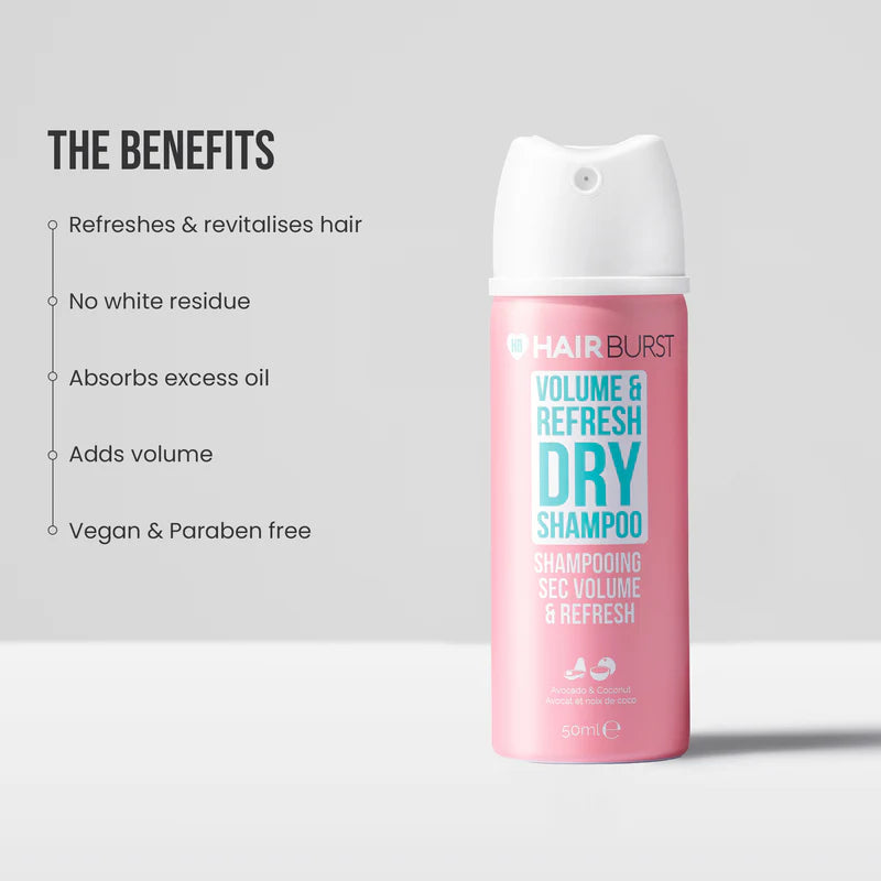 Hairburst Mini Volume & Refresh Dry Shampoo bottle with benefits