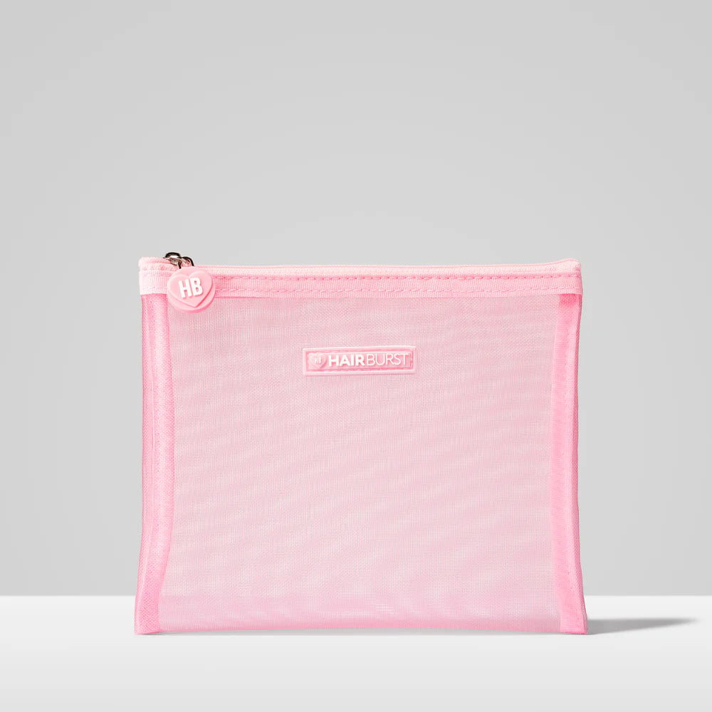 Pink mesh wash bag with Hairburst branding