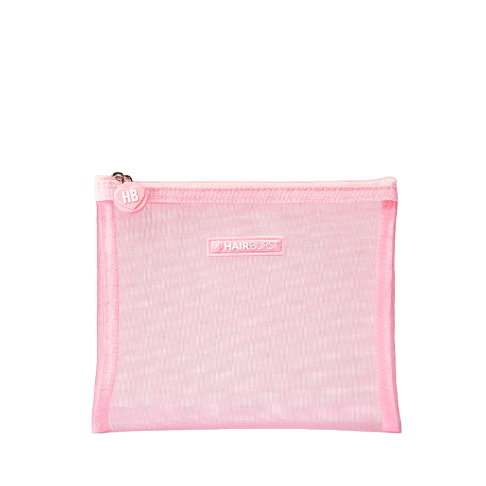 Pink mesh wash bag with Hairburst branding