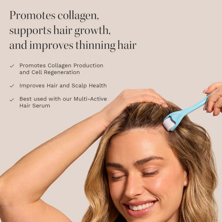 Woman using a Derma Scalp Roller on her hair with text about collagen promotion and hair growth.